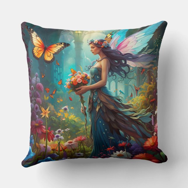 Fantasy Beautiful Fairy Flower Garden Throw Pillow (Back)
