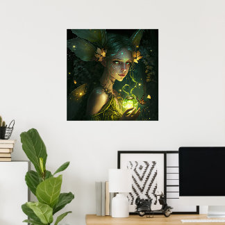 Fantasy Beautiful Green Forest Fairy Princess Poster