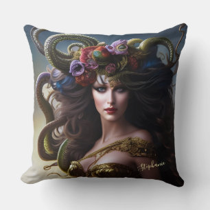 Fantasy Beautiful Medusa Flowers & Snakes Throw Pillow