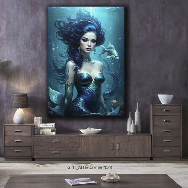 Fantasy Beautiful Mermaid Princess Blue Underwater Canvas Print (Fantasy Mermaid Underwater)