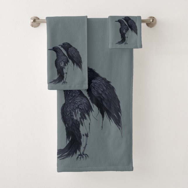 Fantasy Bird Nature Pair of Corvid Ravens Bath Towel Set (Insitu)