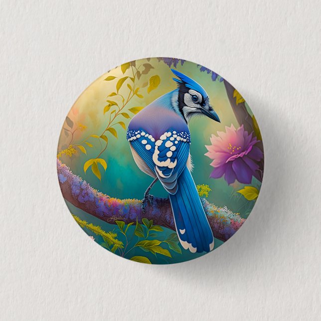 Fantasy Birds Blue Jay 1 Inch Round Button (Front)