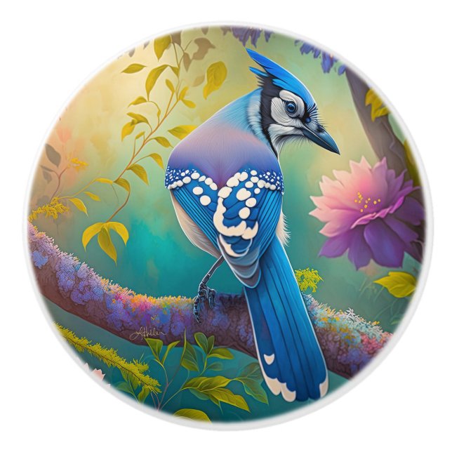Fantasy Birds Blue Jay Ceramic Knob (Front)