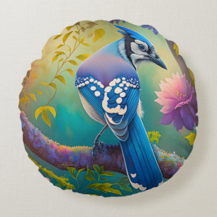 Fantasy Birds Blue Jay Round Pillow