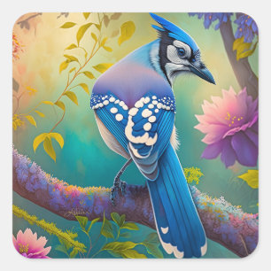 Fantasy Birds Blue Jay Square Sticker