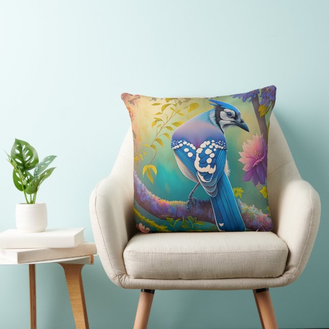 Fantasy Birds Blue Jay Throw Pillow (Chair)