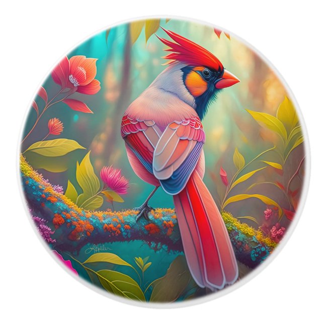 Fantasy Birds Male Cardinal Ceramic Knob (Front)