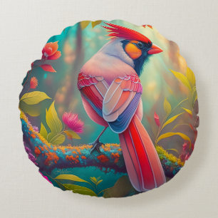 Fantasy Birds Male Cardinal Round Pillow