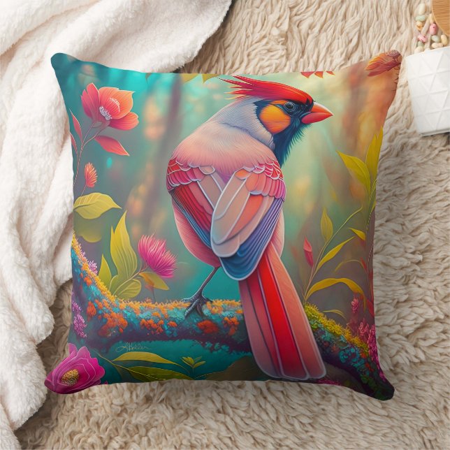 Fantasy Birds Male Cardinal Throw Pillow (Blanket)