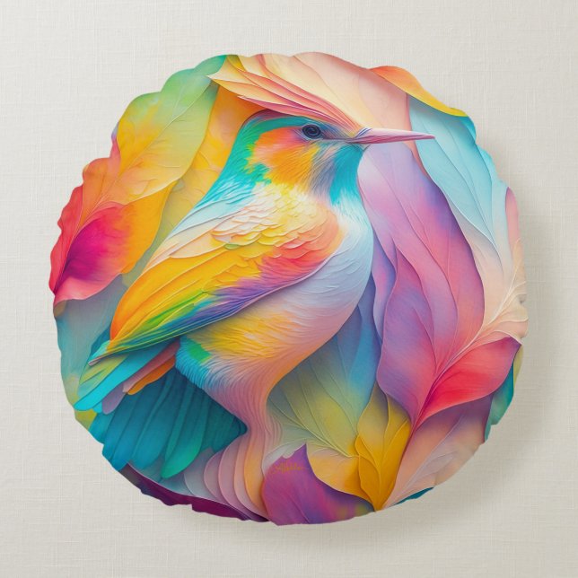 Fantasy Birds Silk Bird Round Pillow (Front)