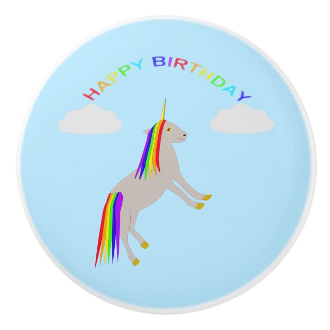 Fantasy Birthday Unicorn Rainbow and Clouds Ceramic Knob (Front)