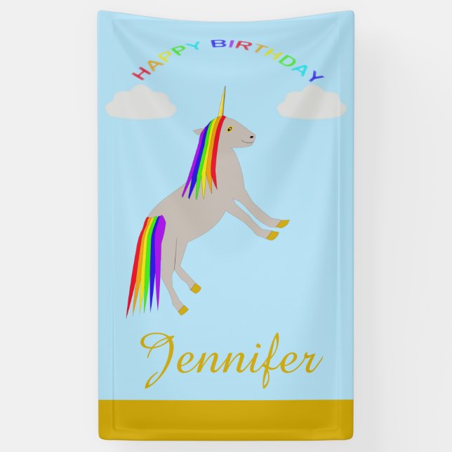 Fantasy Birthday Unicorn Rainbow and Clouds Custom Banner (Vertical)