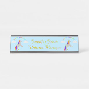 Fantasy Birthday Unicorn Rainbow and Clouds Custom Desk Name Plate
