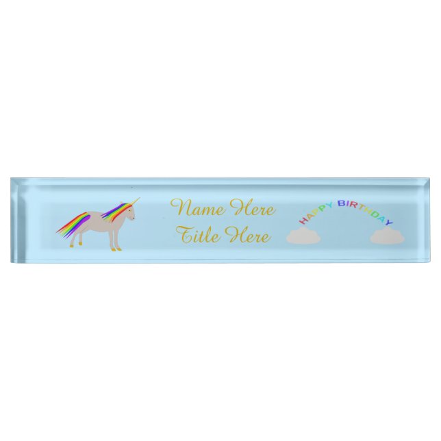 Fantasy Birthday Unicorn Rainbow and Clouds Custom Nameplate (Front)