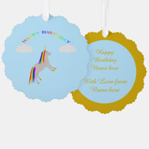 Fantasy Birthday Unicorn Rainbow and Clouds Custom Ornament Card