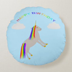 Fantasy Birthday Unicorn Rainbow and Clouds Custom Round Pillow
