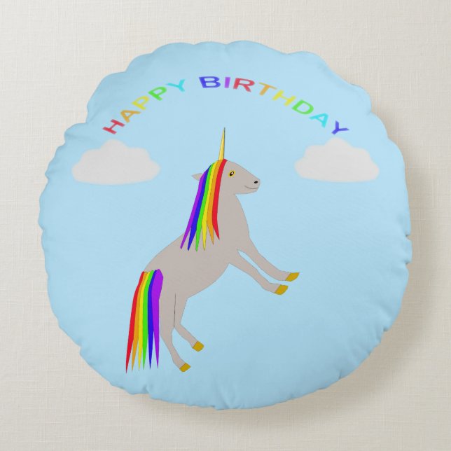 Fantasy Birthday Unicorn Rainbow and Clouds Custom Round Pillow (Front)