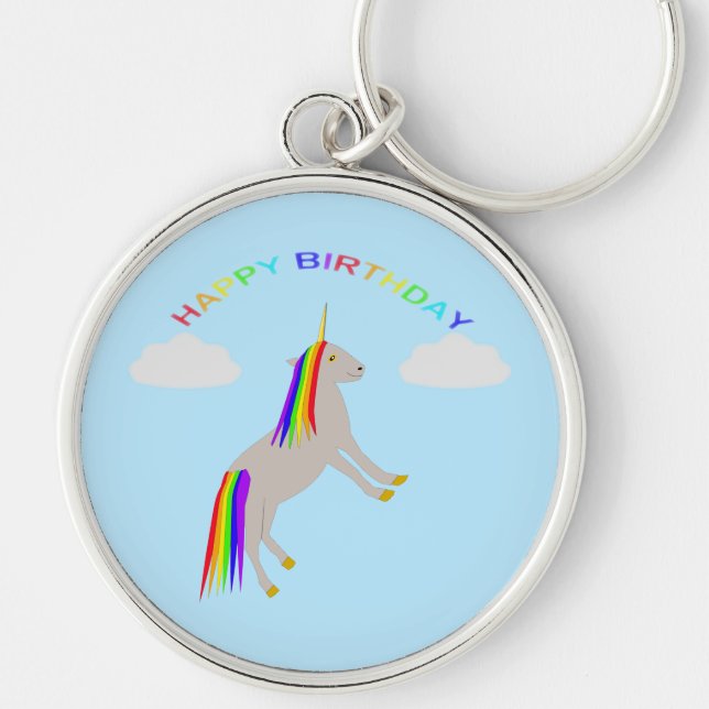 Fantasy Birthday Unicorn Rainbow and Clouds Keychain (Front)