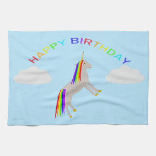 Fantasy Birthday Unicorn Rainbow and Clouds Kitchen Towel