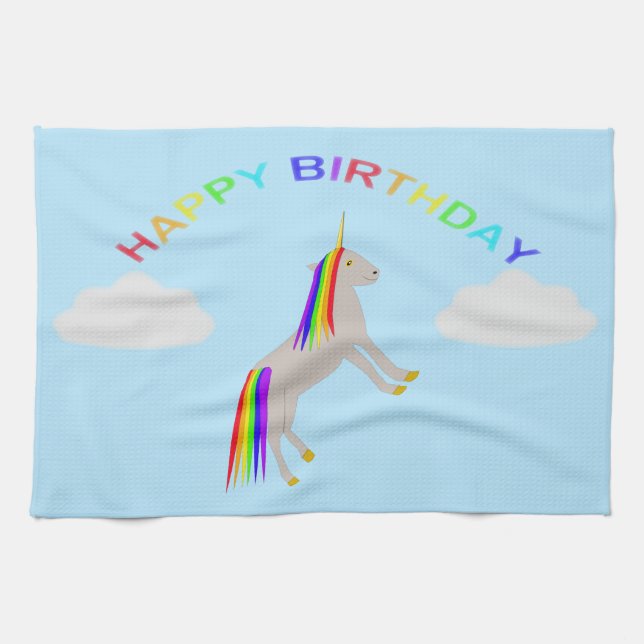Fantasy Birthday Unicorn Rainbow and Clouds Kitchen Towel (Horizontal)