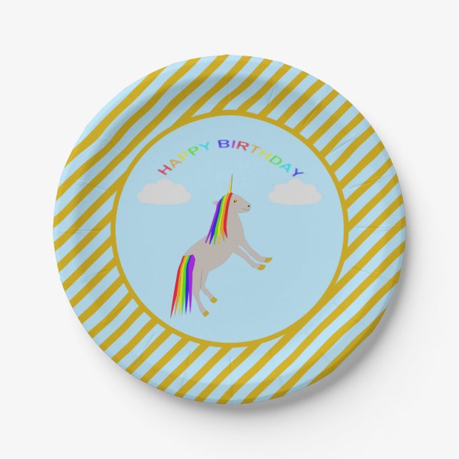 Fantasy Birthday Unicorn Rainbow and Clouds Paper Plate (Front)