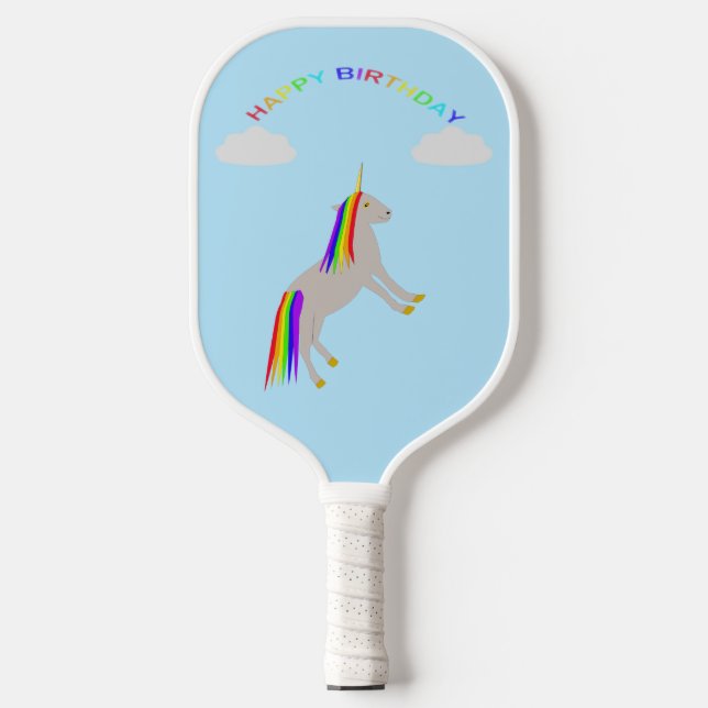 Fantasy Birthday Unicorn Rainbow and Clouds Pickleball Paddle (Front)