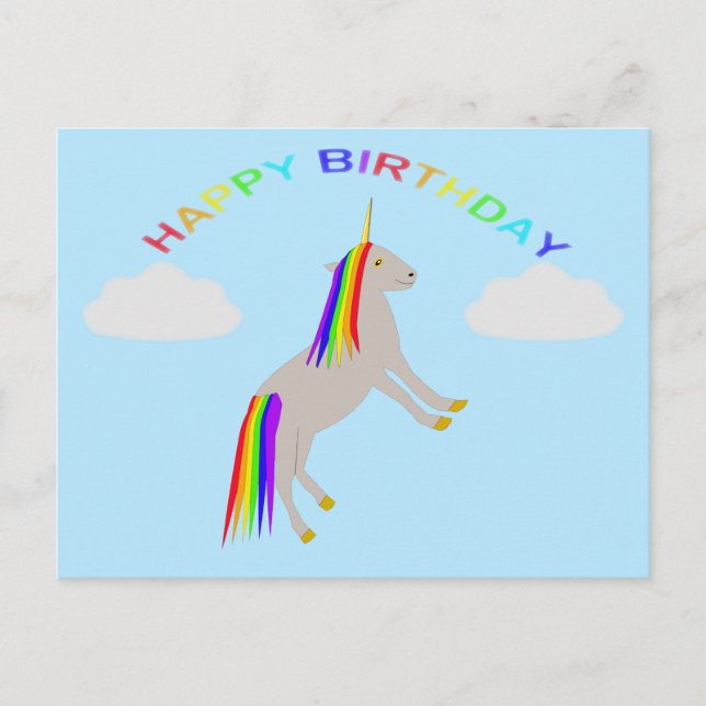 Fantasy Birthday Unicorn Rainbow and Clouds Postcard (Front)