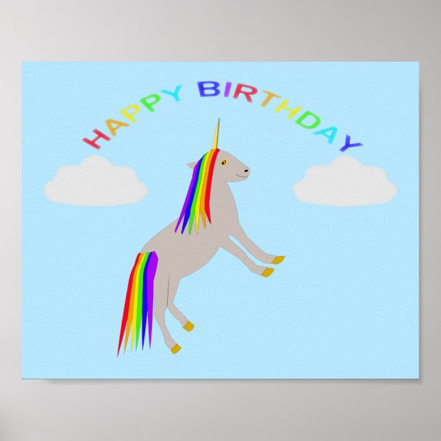 Fantasy Birthday Unicorn Rainbow and Clouds Poster (Front)
