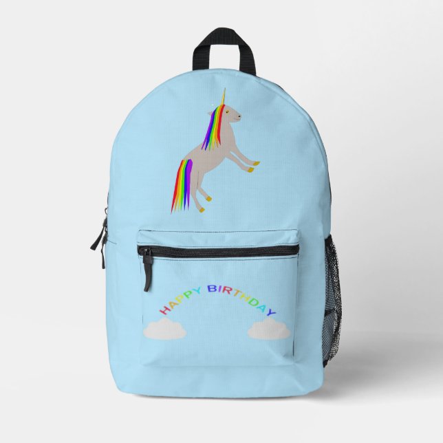 Fantasy Birthday Unicorn Rainbow and Clouds Printed Backpack (Front)