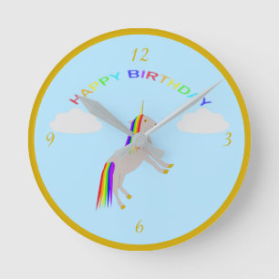 Fantasy Birthday Unicorn Rainbow and Clouds Round Clock