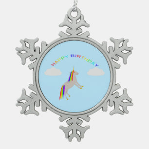 Fantasy Birthday Unicorn Rainbow and Clouds Snowflake Pewter Christmas Ornament