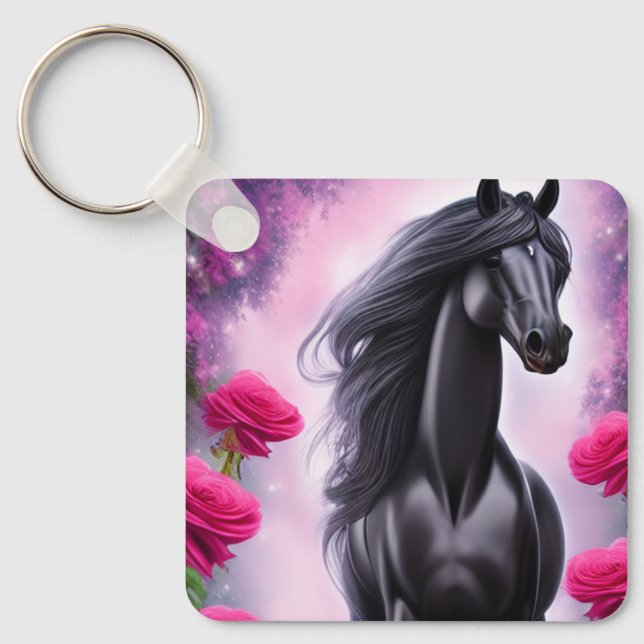 Fantasy Black Stallion and Pink Floral Graphic Keychain (Front)
