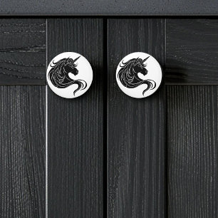 Fantasy Black Tribal Unicorn White Minimalist Ceramic Knob