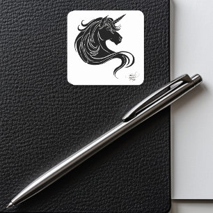 Fantasy Black Tribal Unicorn White Minimalist Square Sticker