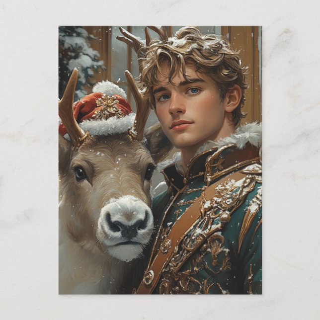 Fantasy blonde man and reindeer Christmas Postcard (Front)