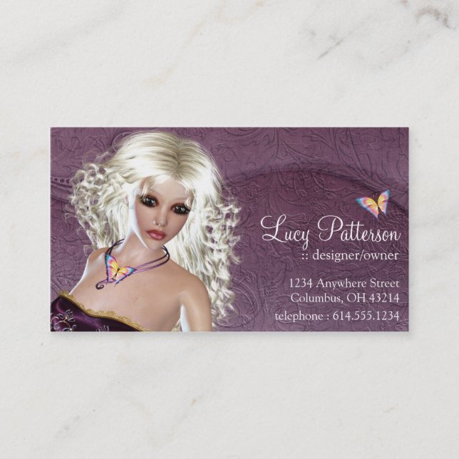 Fantasy Blonde Woman Butterfly Business Card (Front)