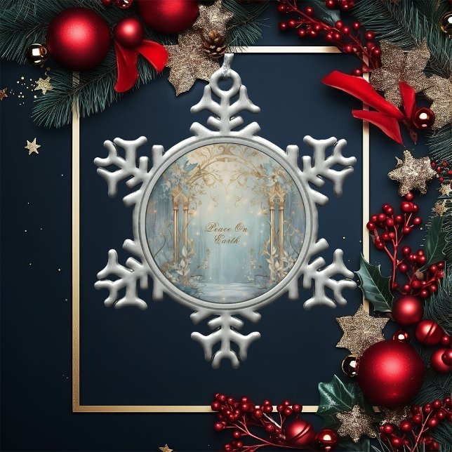 Fantasy Blue and Gold Winter Garden Gate Snowflake Pewter Christmas Ornament (Creator Uploaded)