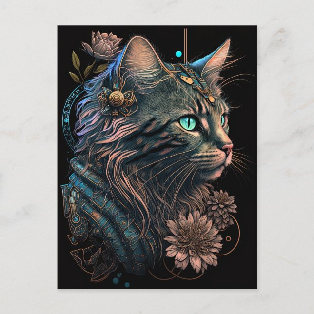 Fantasy blue eye cat  with flowers AI art  Postcard (Front)
