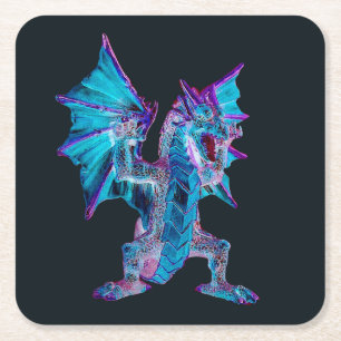 Fantasy Blue Fire Dragon  Square Paper Coaster
