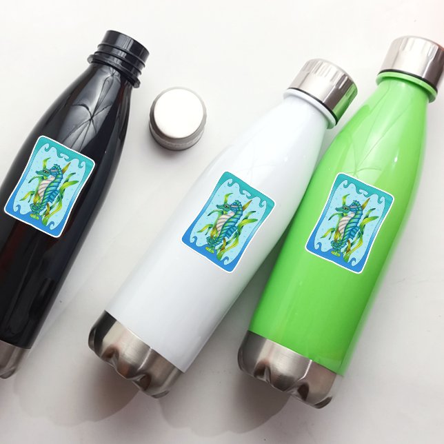 Fantasy Blue Green Seahorse Dragon Seaweed Frame (Sea dragon seahorse with tail wrapped around seaweed in blue water frame, bubbles on vinly sticker.)