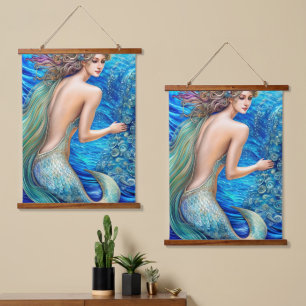 Fantasy Blue Mermaid Ocean Waves Art Hanging Tapestry