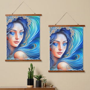 Fantasy Blue Ocean Wave Goddess Abstract Art Hanging Tapestry