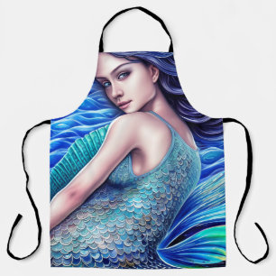 Fantasy Blue Ocean Waves Mermaid Abstract Art Apron