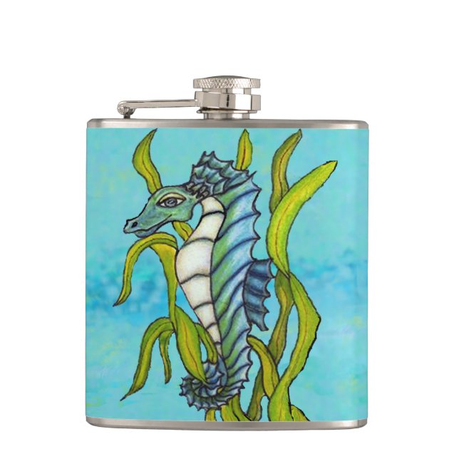 Fantasy Blue Sea Dragon Seahorse Seaweed Hip Flask (Front)
