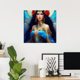 Fantasy Blue Water Fairy Mermaid Princess Red Rose Poster