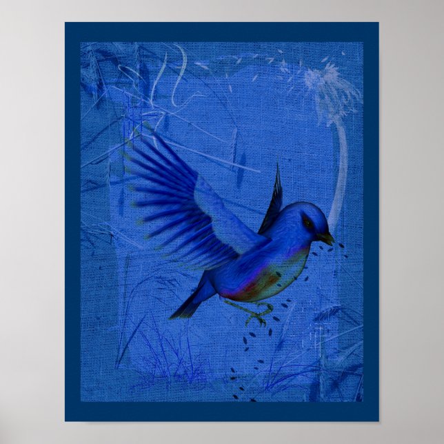 Fantasy Bluebird On Blue Nature Art Poster (Front)
