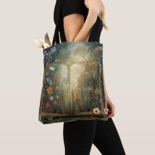 Fantasy Book and Flowers Whimsical All Over Print Tote Bag