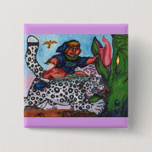 fantasy boy riding cat fighting dragon and eagle 2 inch square button
