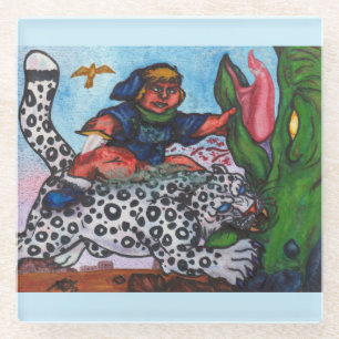fantasy boy riding cat fighting dragon and eagle glass coaster