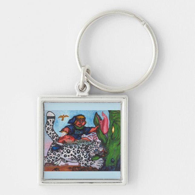 fantasy boy riding cat fighting dragon and eagle keychain (Front)